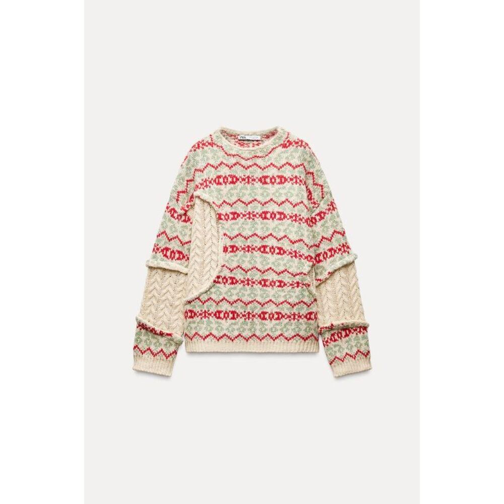 Multicolor Zara Wool-Blend Fair Isle Cable Knit Jacquard Chunky Sweater, NWT